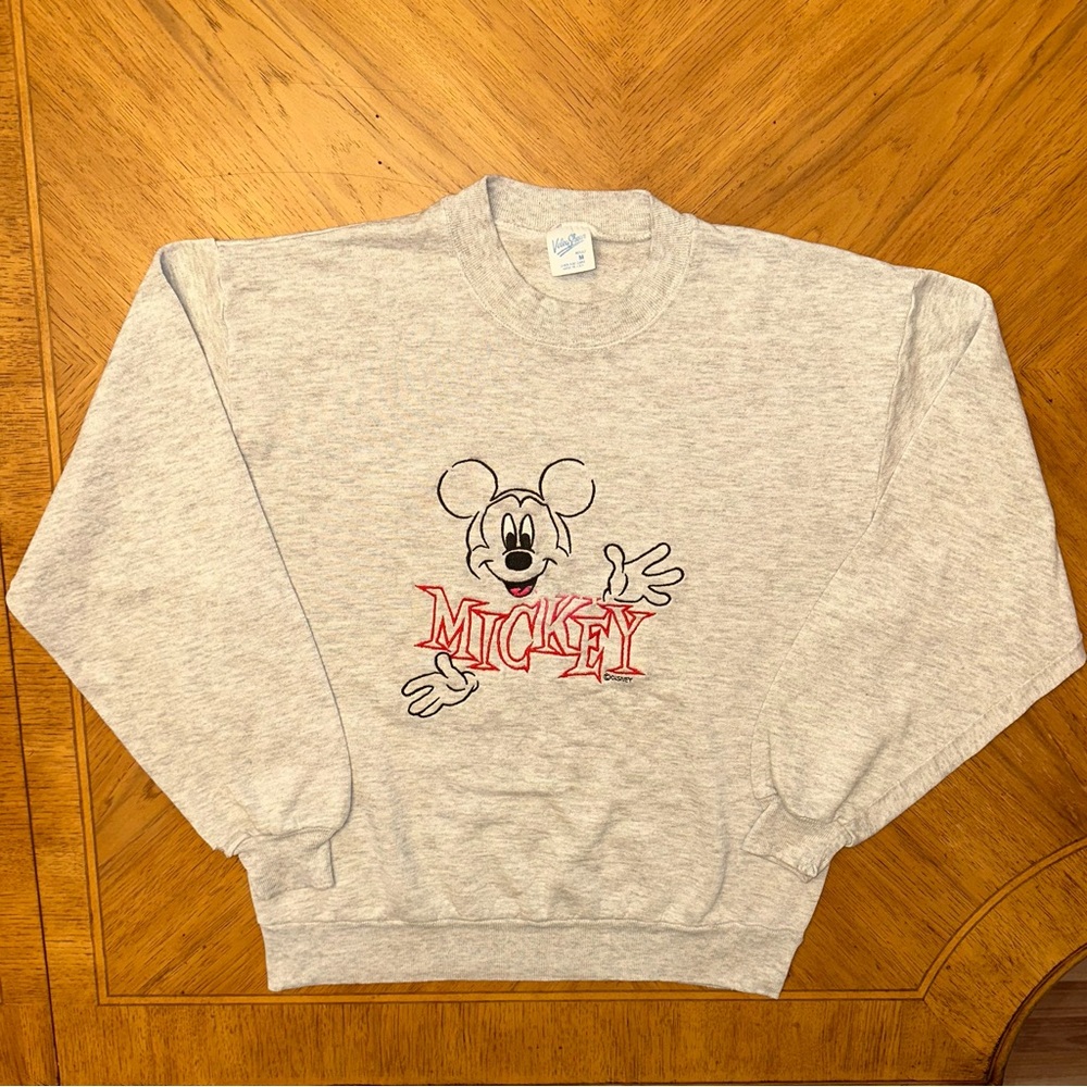 Vintage 90s Mickey Mouse Distressed Sweatshirt Crewneck Size M Gray Velva Sheen